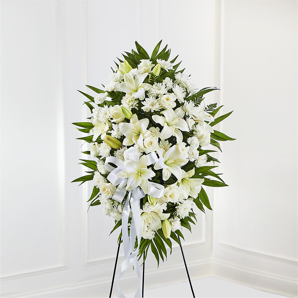 Exquisite Tribute Standing Spray-White Ribbon – Allure Floral Boutique, Wickliffe OH